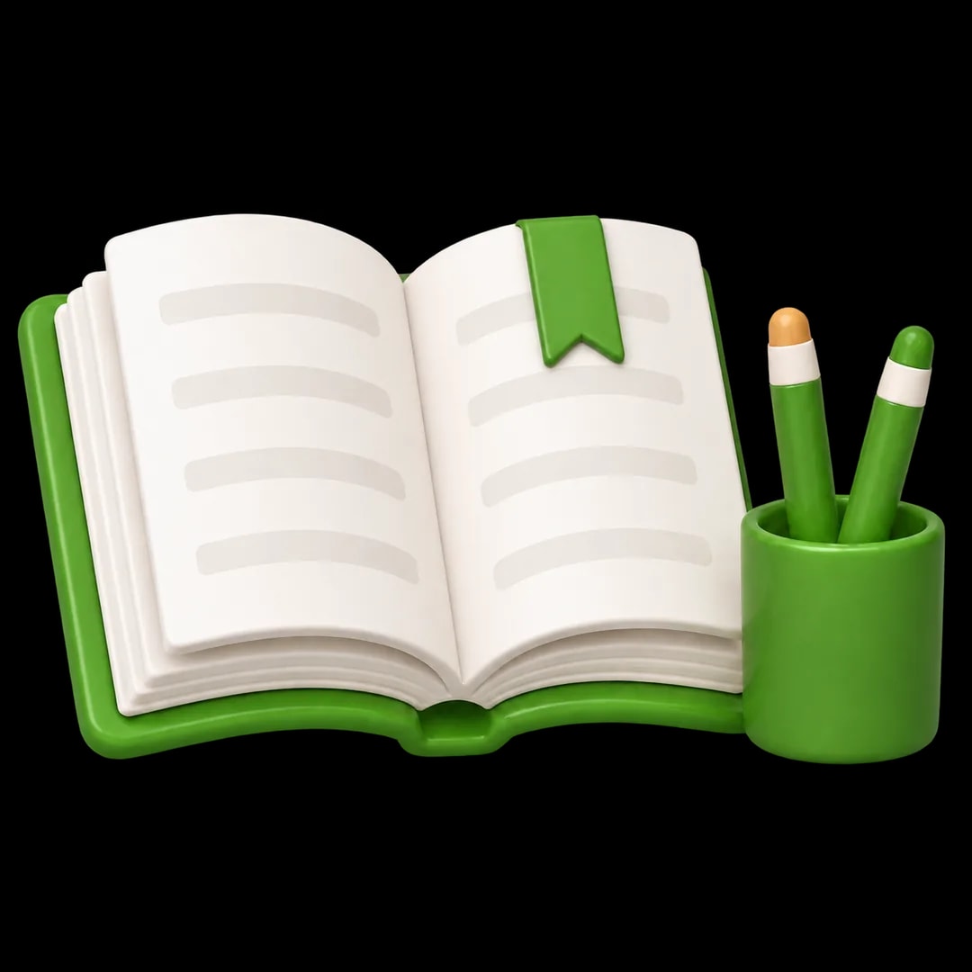 Раскрытая книга и стакан с карандашами