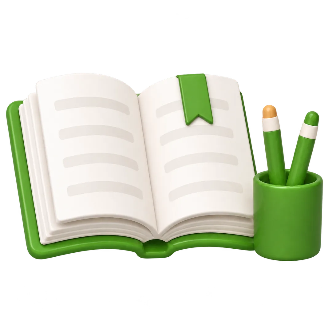 Раскрытая книга и стакан с карандашами